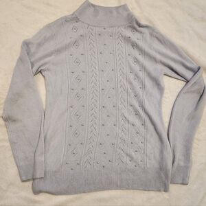 Vintage Light Blue Pearl Beaded Sweater Soft Acrylic Knit Size Medium Mock Neck